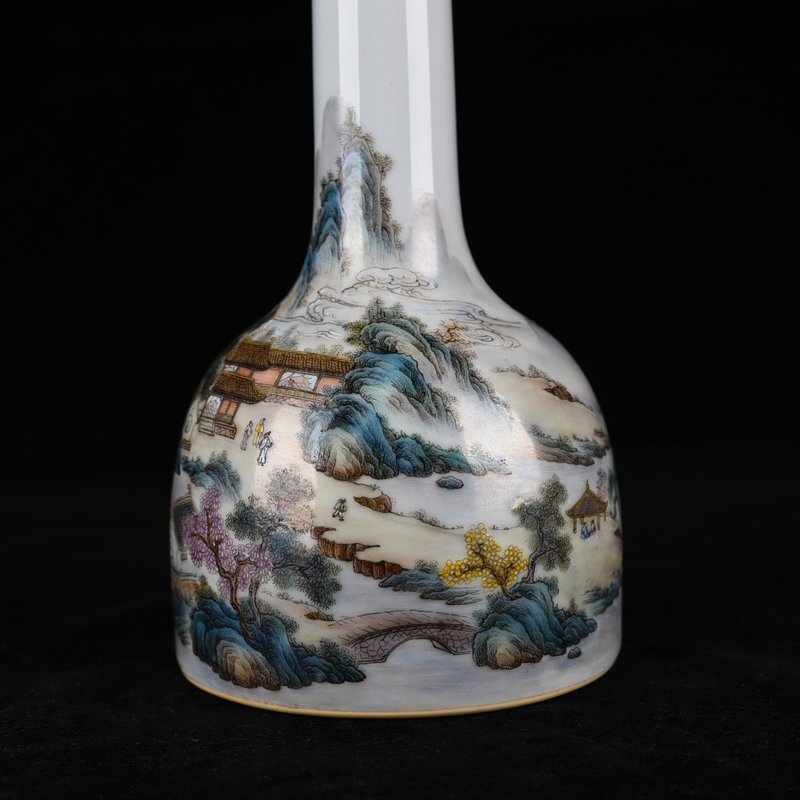 Qing Dynasty Qianlong pastel landscape figure pavilion rattle bell vase