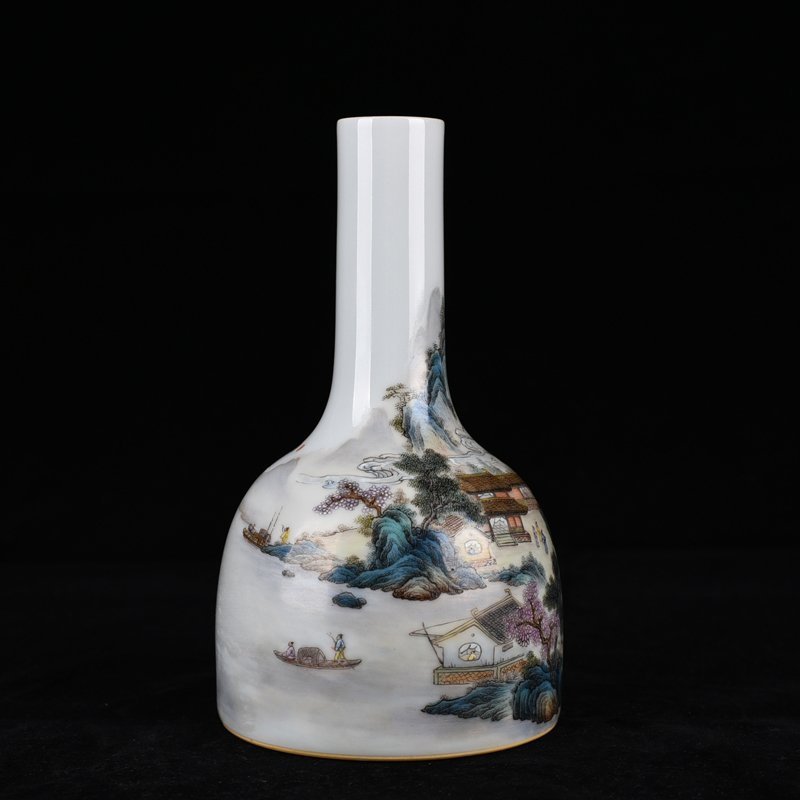 Qing Dynasty Qianlong pastel landscape figure pavilion rattle bell vase