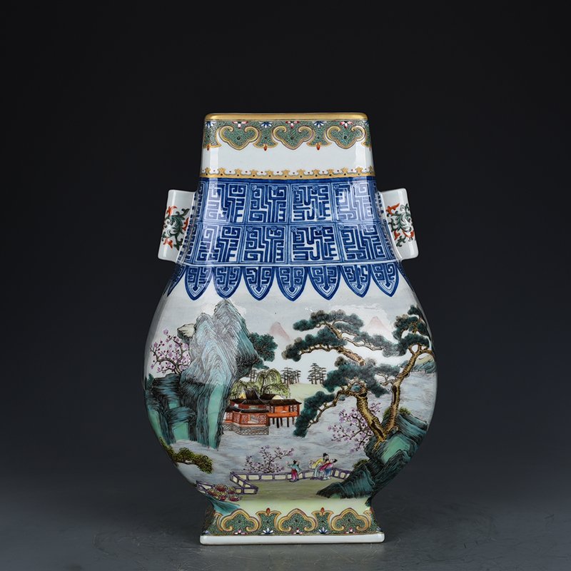 Qing Dynasty Qianlong pastel landscape and figure pattern square vase