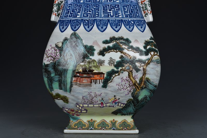 Qing Dynasty Qianlong pastel landscape and figure pattern square vase
