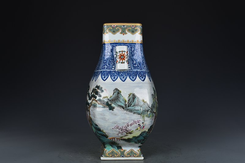 Qing Dynasty Qianlong pastel landscape and figure pattern square vase