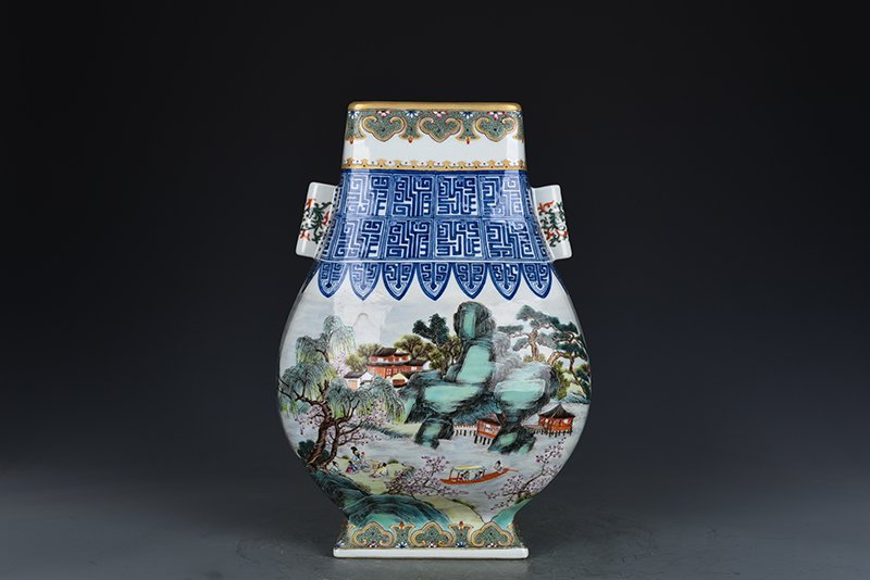 Qing Dynasty Qianlong pastel landscape and figure pattern square vase