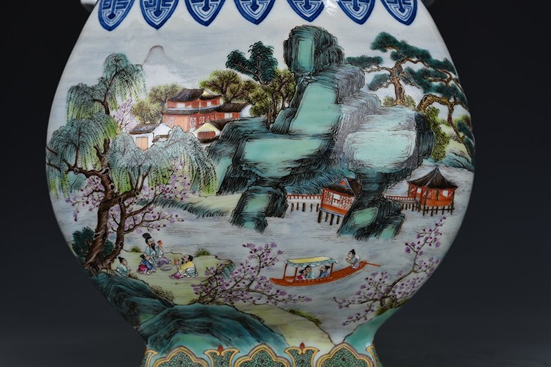 Qing Dynasty Qianlong pastel landscape and figure pattern square vase