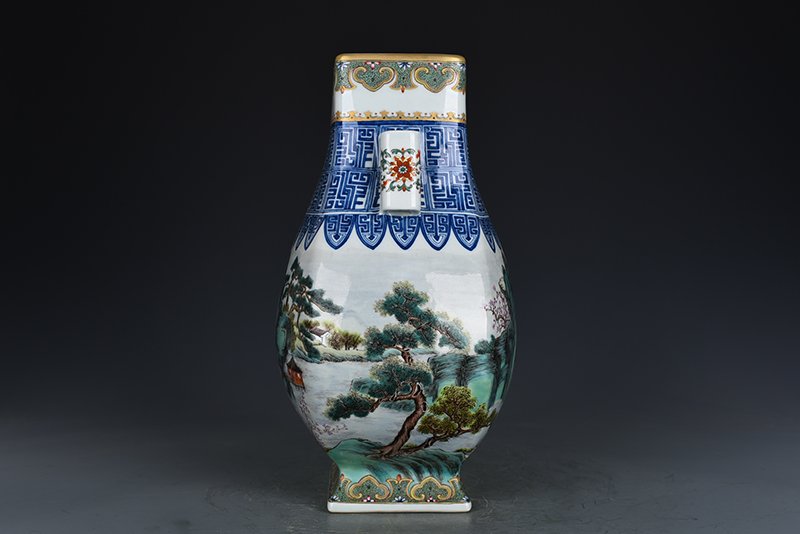 Qing Dynasty Qianlong pastel landscape and figure pattern square vase