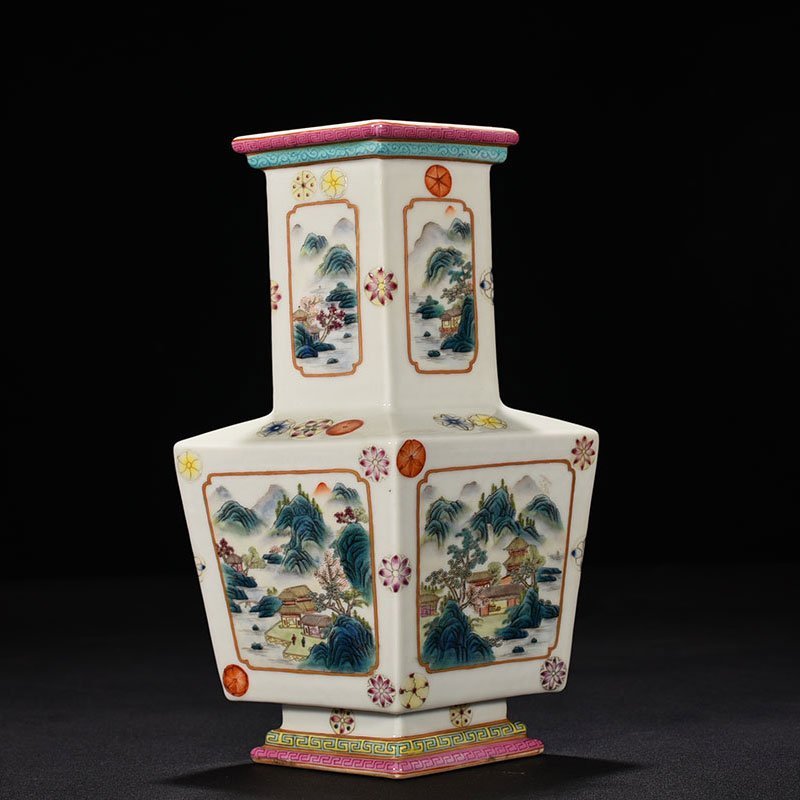 Qing Dynasty Qianlong pastel landscape rhombus vase