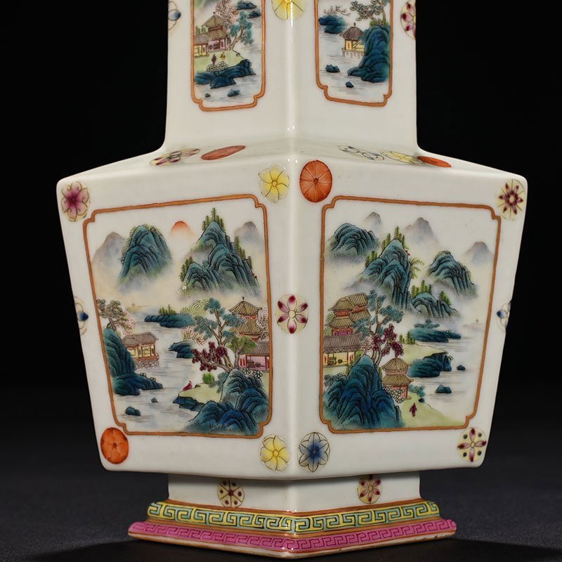 Qing Dynasty Qianlong pastel landscape rhombus vase