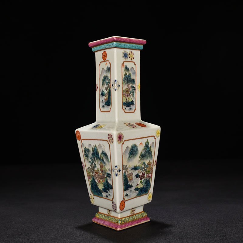Qing Dynasty Qianlong pastel landscape rhombus vase