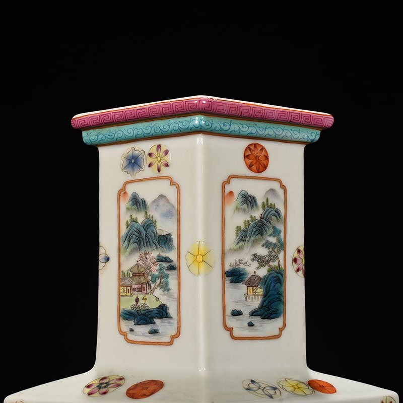 Qing Dynasty Qianlong pastel landscape rhombus vase