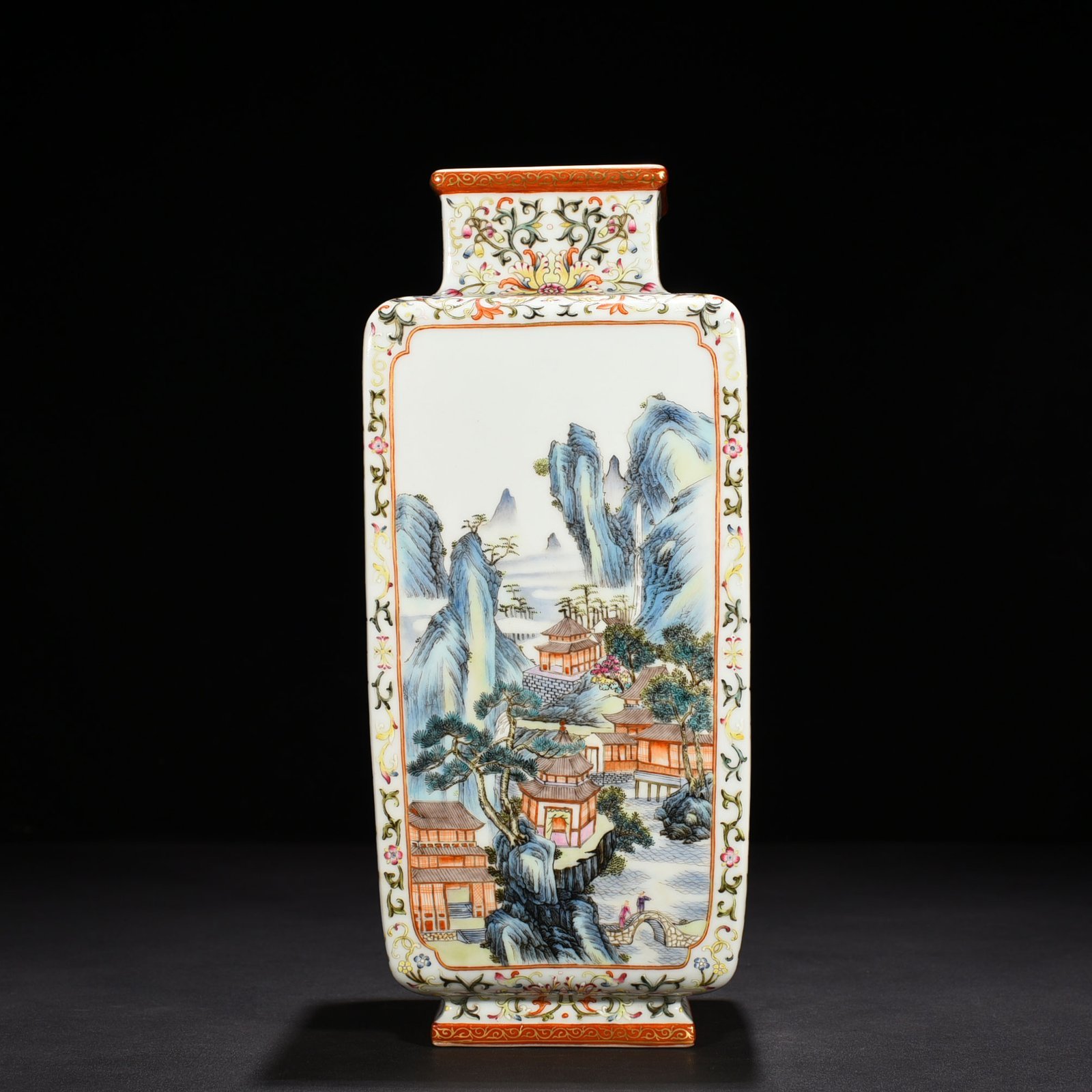 Qing Dynasty Qianlong pastel landscape verse pattern square vase