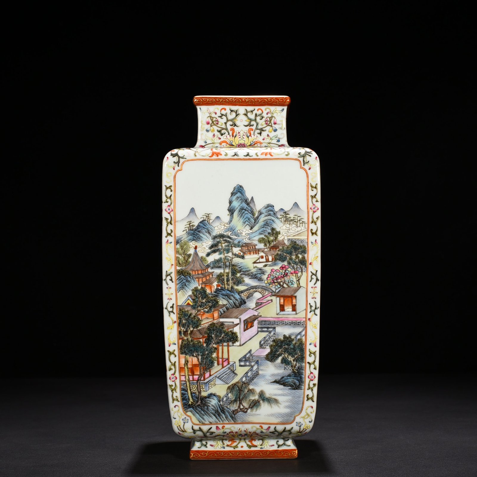 Qing Dynasty Qianlong pastel landscape verse pattern square vase