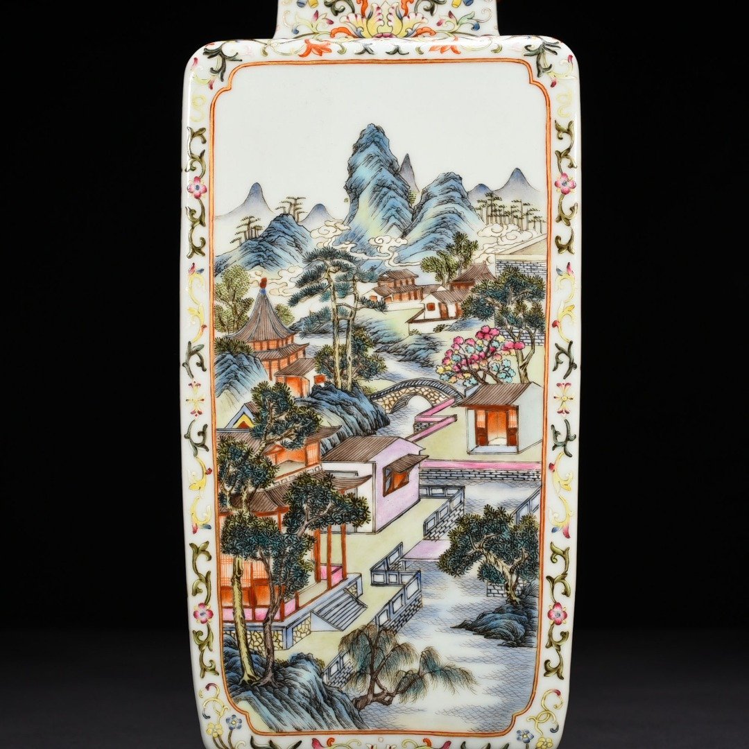 Qing Dynasty Qianlong pastel landscape verse pattern square vase