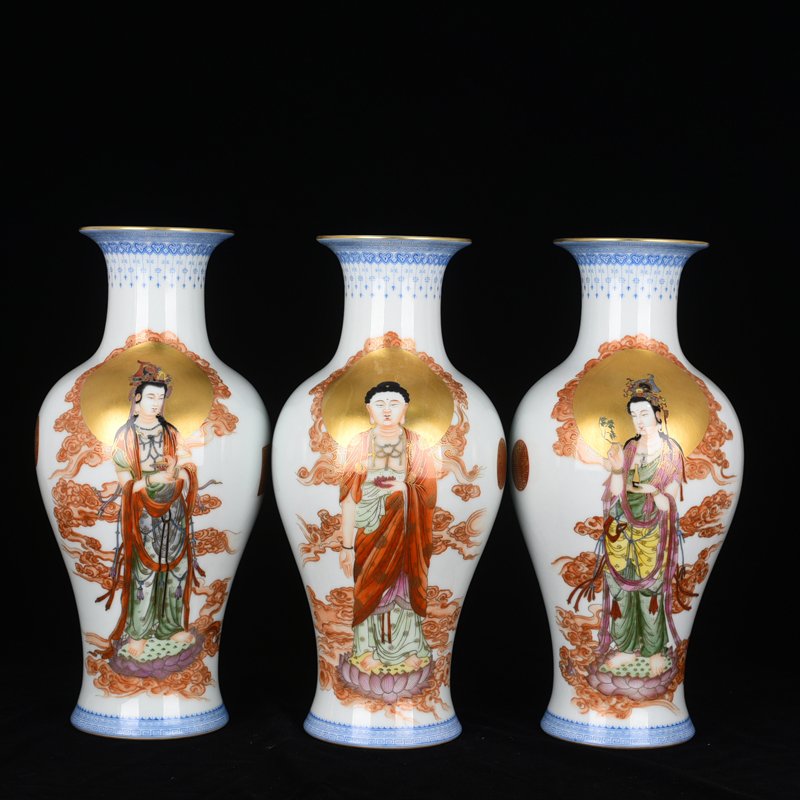 Qing Dynasty Qianlong pastel gold painted Western Three Saints Avalokitesvara vase