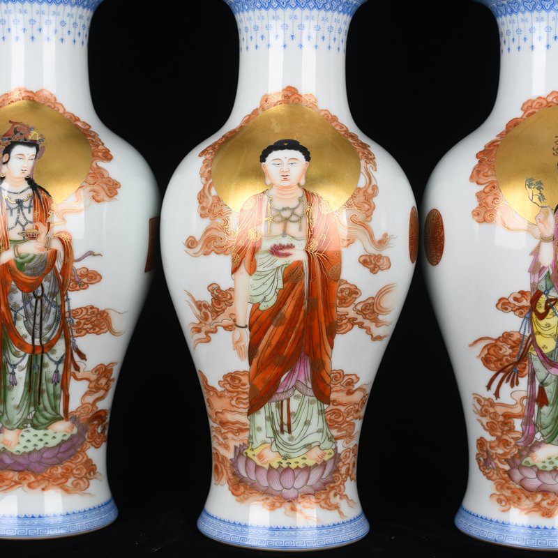 Qing Dynasty Qianlong pastel gold painted Western Three Saints Avalokitesvara vase