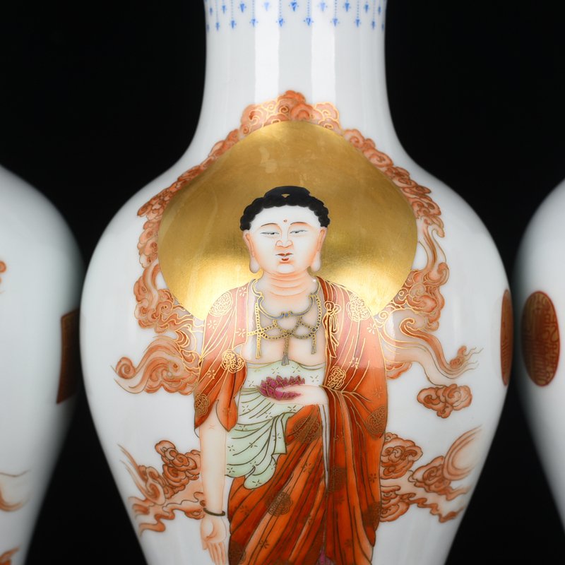 Qing Dynasty Qianlong pastel gold painted Western Three Saints Avalokitesvara vase