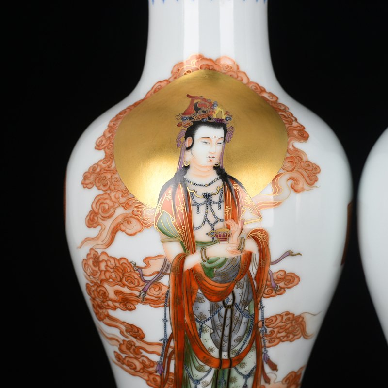 Qing Dynasty Qianlong pastel gold painted Western Three Saints Avalokitesvara vase