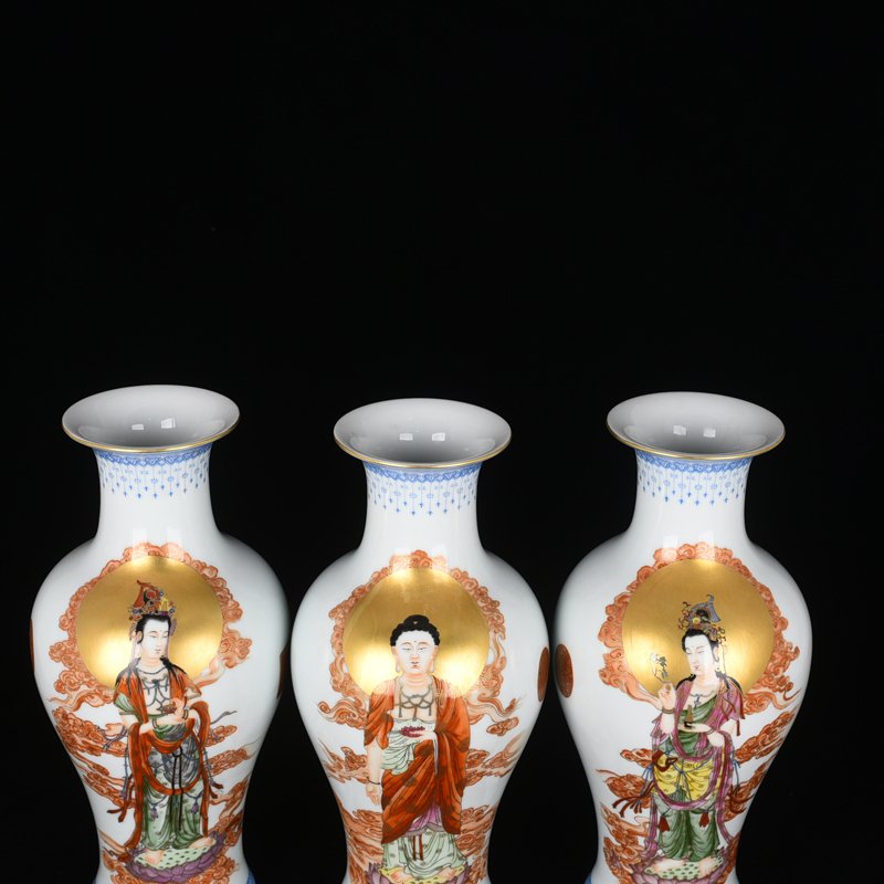 Qing Dynasty Qianlong pastel gold painted Western Three Saints Avalokitesvara vase