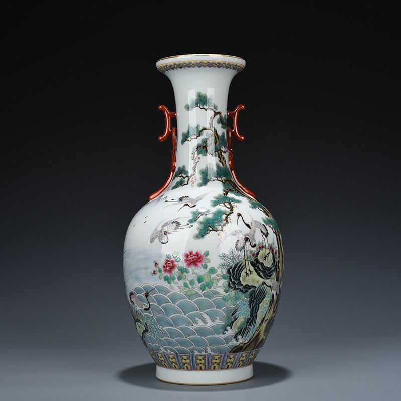 Qing Dynasty Qianlong pastel pine and crane longevity halberd ear vase