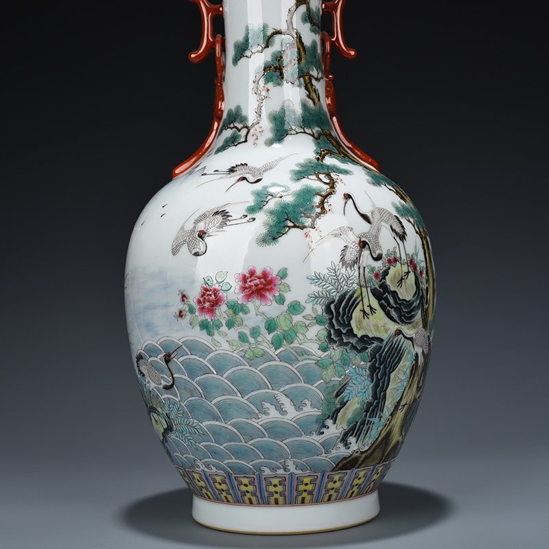 Qing Dynasty Qianlong pastel pine and crane longevity halberd ear vase