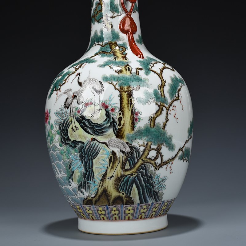 Qing Dynasty Qianlong pastel pine and crane longevity halberd ear vase