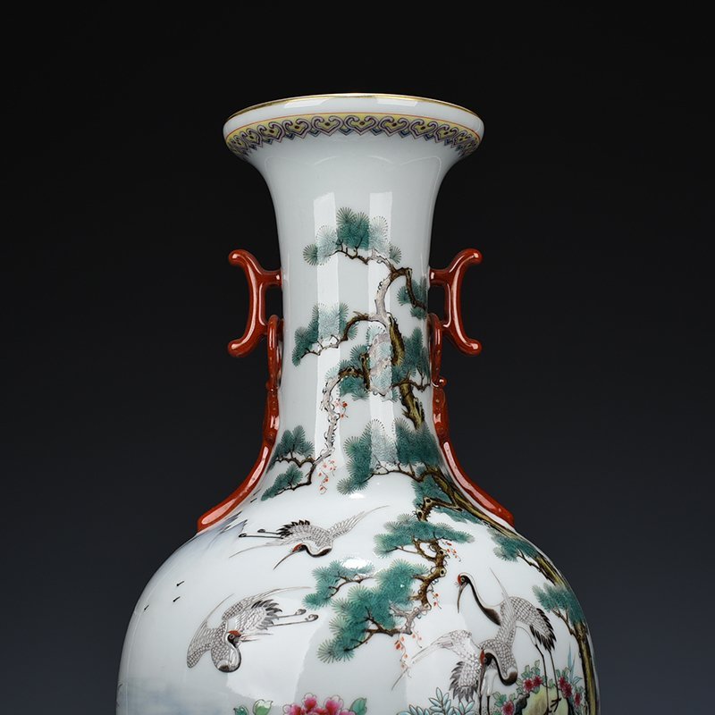Qing Dynasty Qianlong pastel pine and crane longevity halberd ear vase