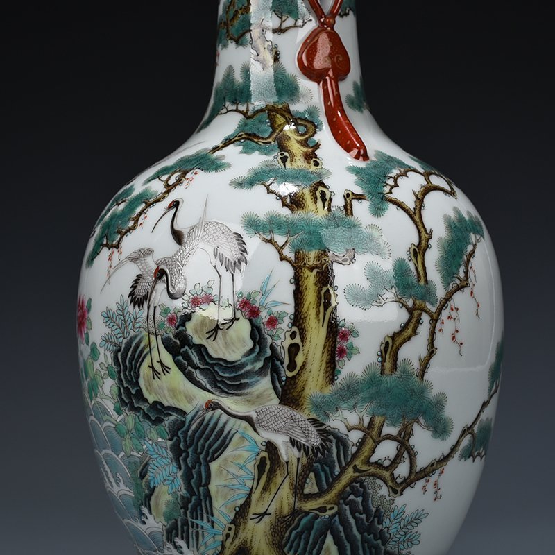 Qing Dynasty Qianlong pastel pine and crane longevity halberd ear vase