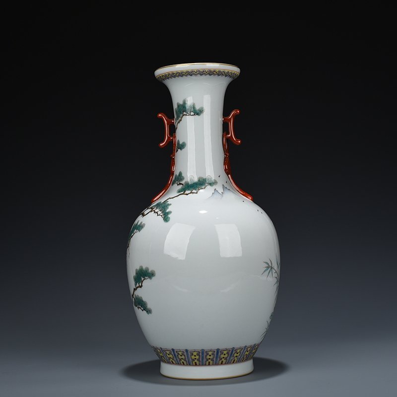 Qing Dynasty Qianlong pastel pine and crane longevity halberd ear vase