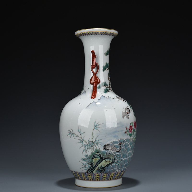 Qing Dynasty Qianlong pastel pine and crane longevity halberd ear vase