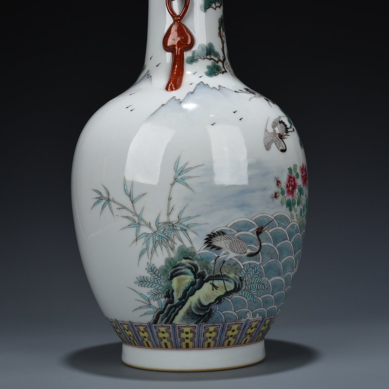 Qing Dynasty Qianlong pastel pine and crane longevity halberd ear vase
