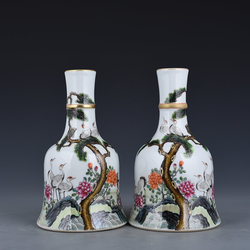Qing Dynasty Qianlong pastel pine and crane ringing bells for longevity