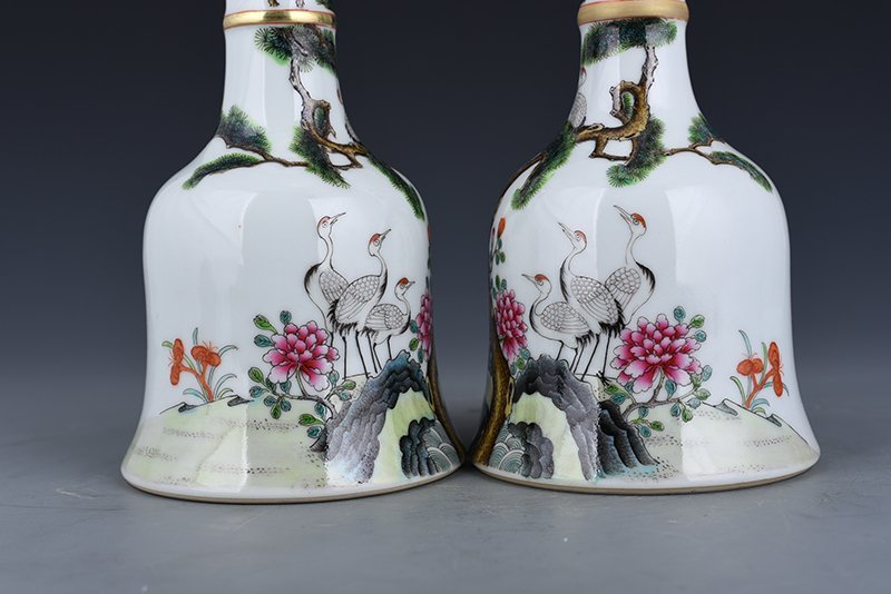 Qing Dynasty Qianlong pastel pine and crane ringing bells for longevity