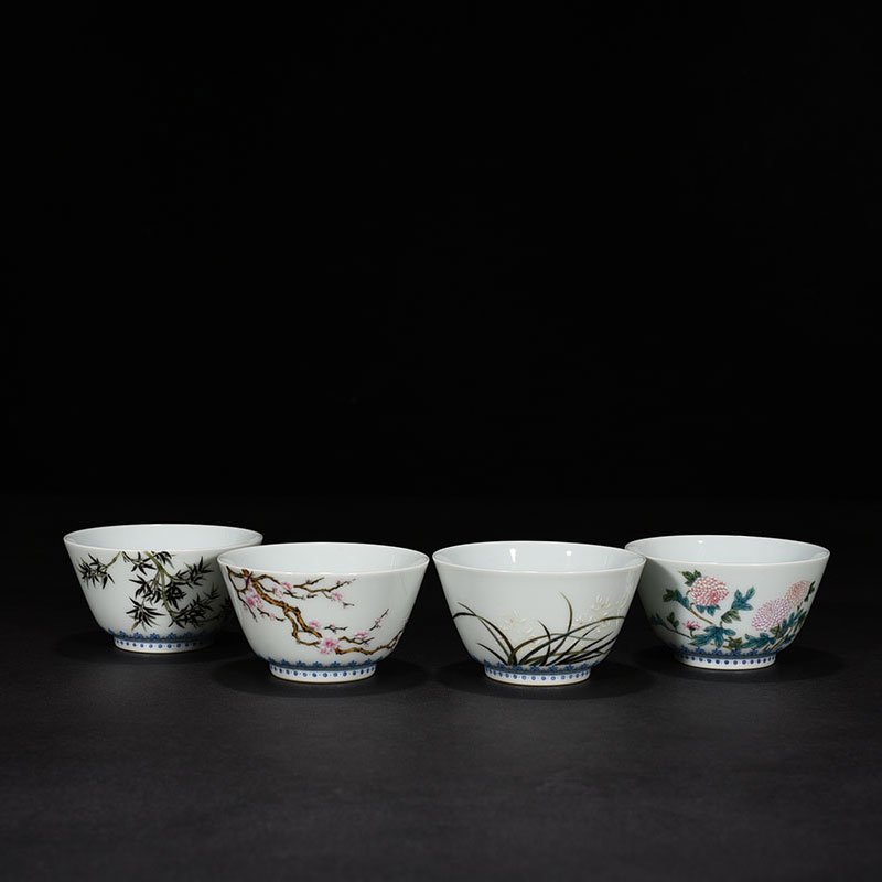 Qing Dynasty Qianlong pastel plum  orchid  bamboo and chrysanthemum cup