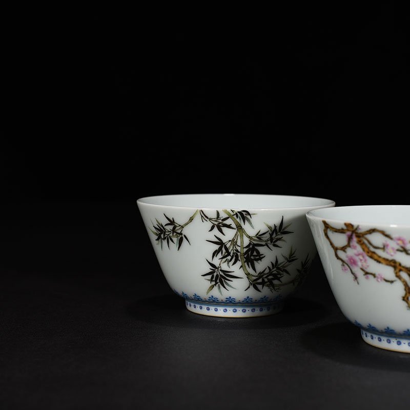 Qing Dynasty Qianlong pastel plum  orchid  bamboo and chrysanthemum cup