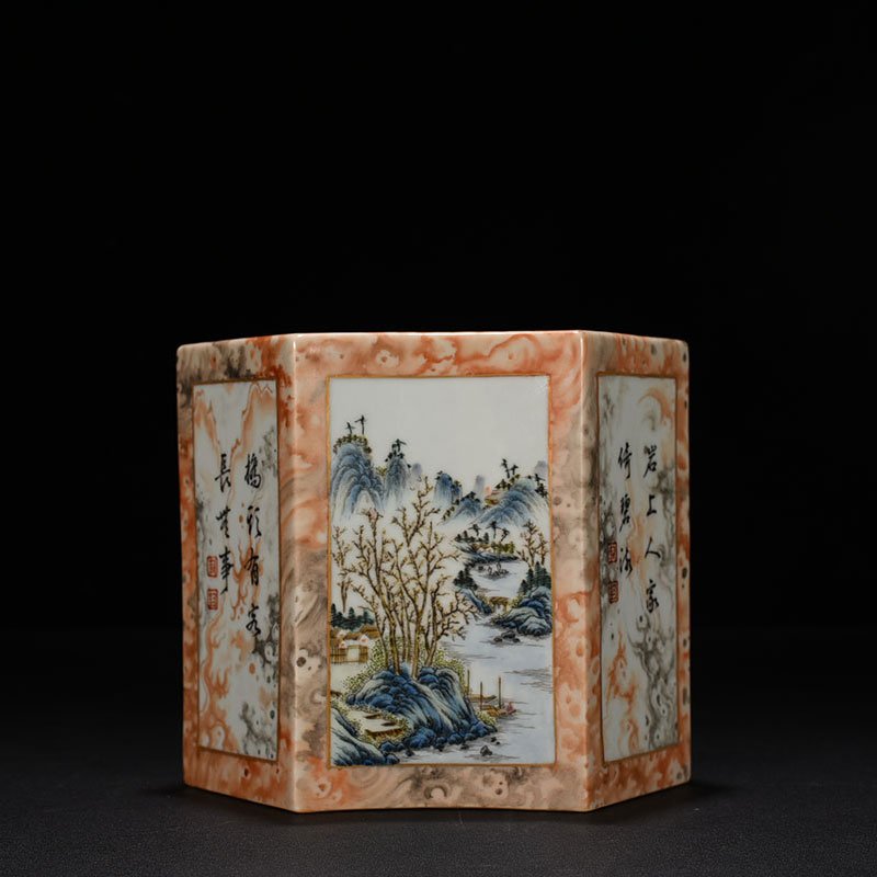 Qing Dynasty Qianlong pastel stone pattern window landscape poem pen holder