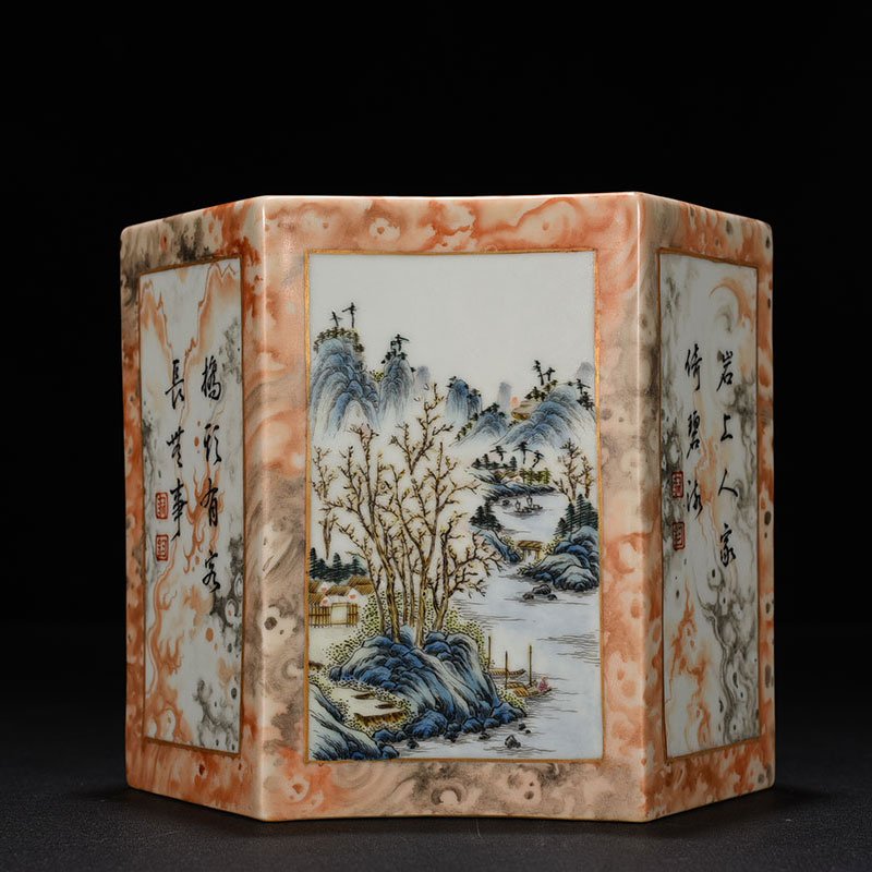 Qing Dynasty Qianlong pastel stone pattern window landscape poem pen holder