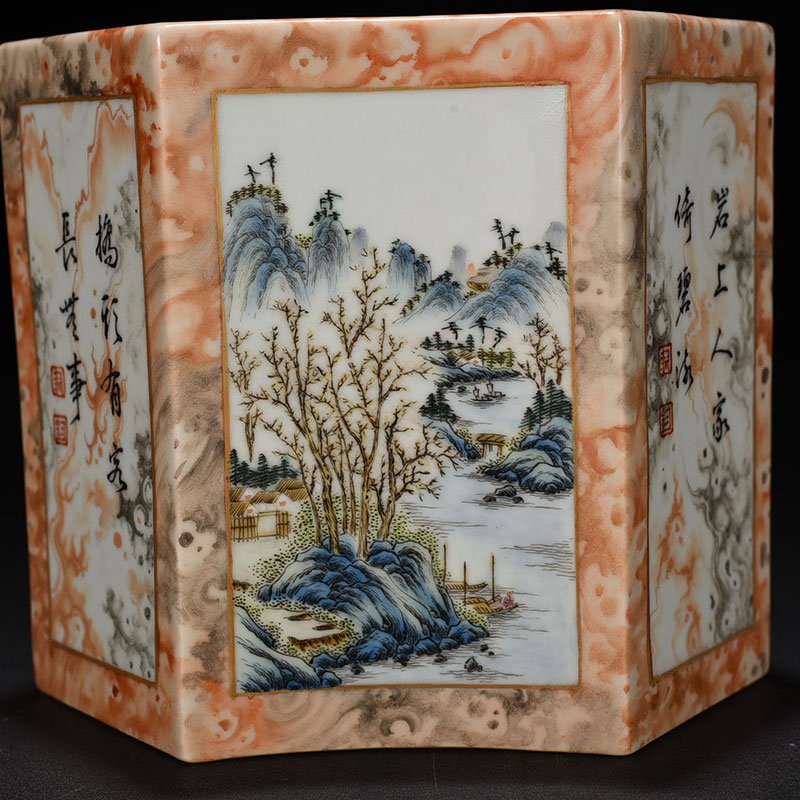 Qing Dynasty Qianlong pastel stone pattern window landscape poem pen holder