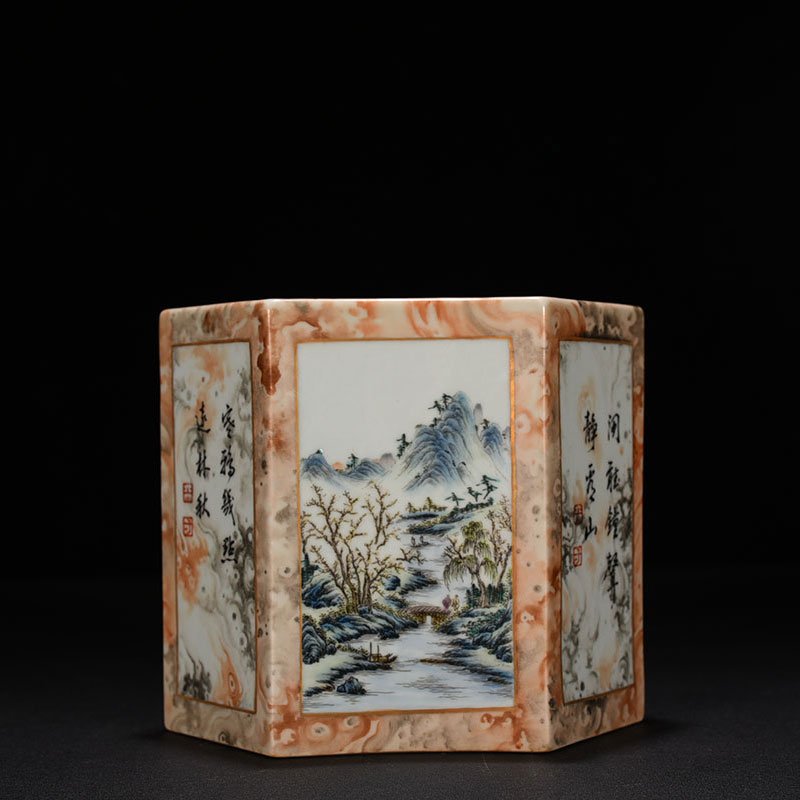 Qing Dynasty Qianlong pastel stone pattern window landscape poem pen holder