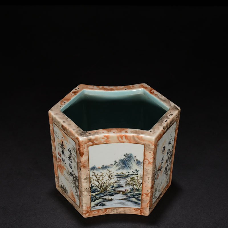 Qing Dynasty Qianlong pastel stone pattern window landscape poem pen holder