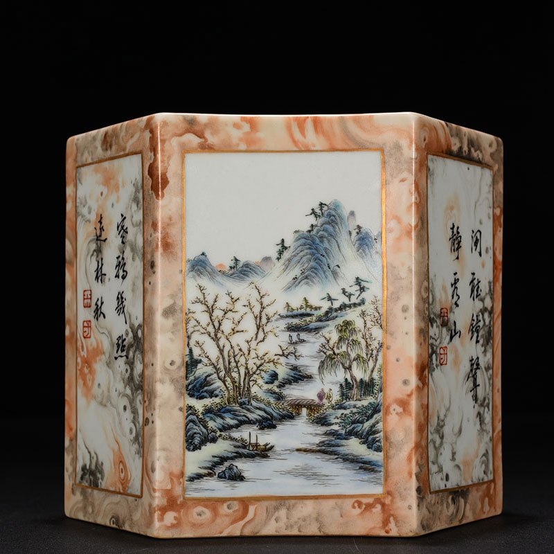 Qing Dynasty Qianlong pastel stone pattern window landscape poem pen holder