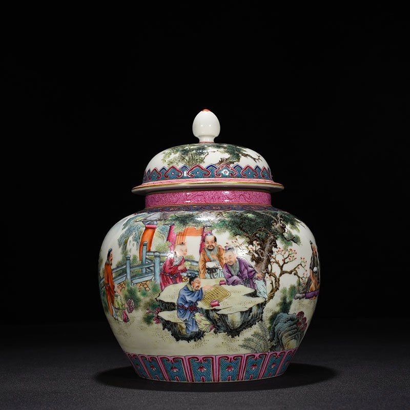 Qing Dynasty Qianlong pastel bamboo forest seven sage figures covered jar