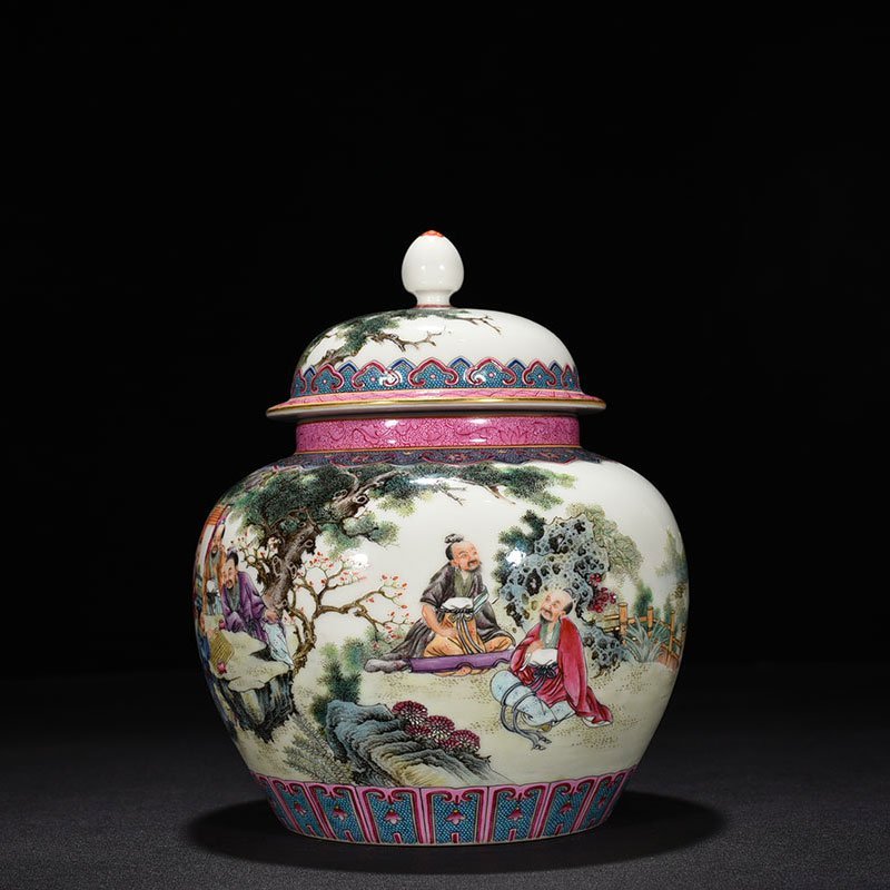 Qing Dynasty Qianlong pastel bamboo forest seven sage figures covered jar