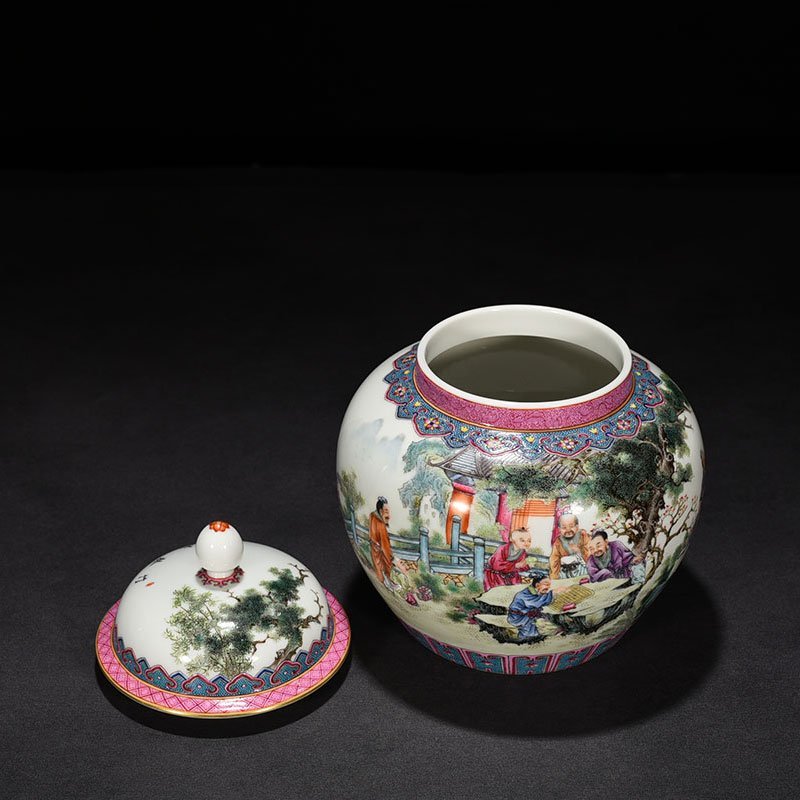 Qing Dynasty Qianlong pastel bamboo forest seven sage figures covered jar