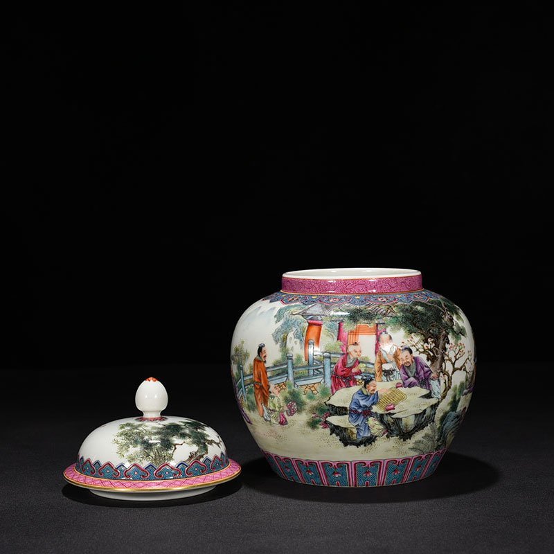 Qing Dynasty Qianlong pastel bamboo forest seven sage figures covered jar