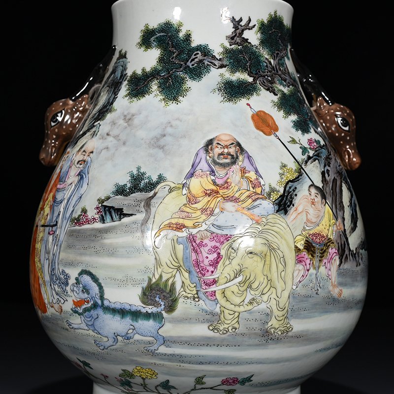 Qing Dynasty Qianlong pastel arhat figure pattern deer head statue