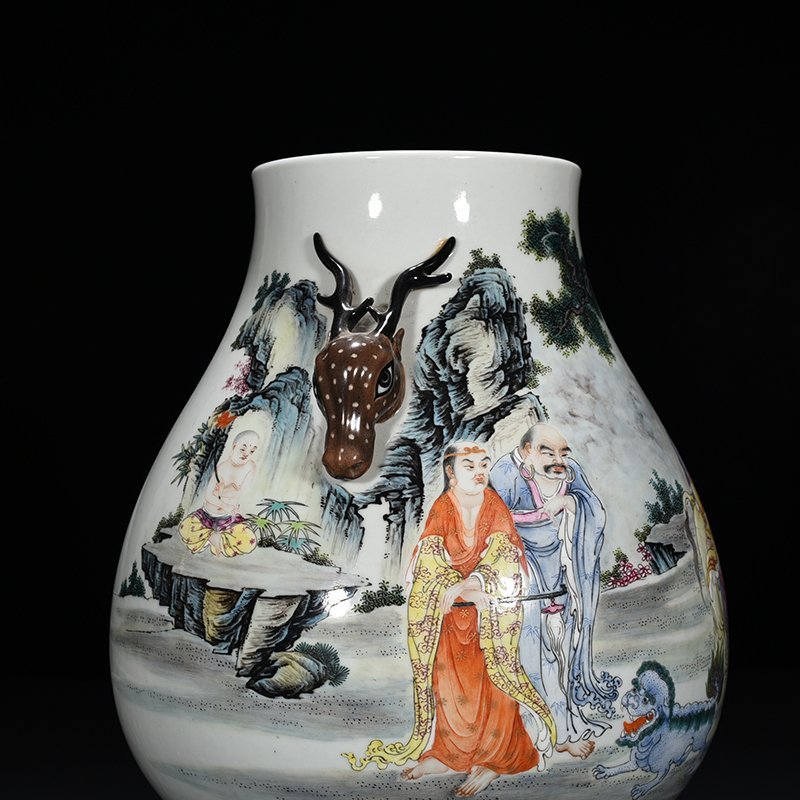 Qing Dynasty Qianlong pastel arhat figure pattern deer head statue