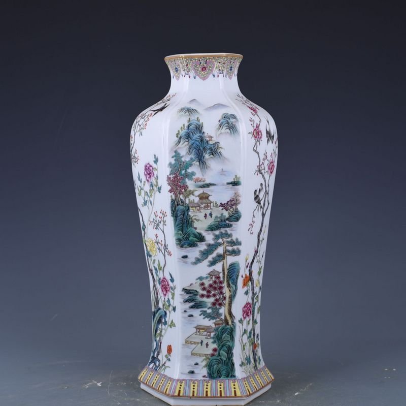 Qing Dynasty Qianlong pastel flower and bird landscape six-square vase
