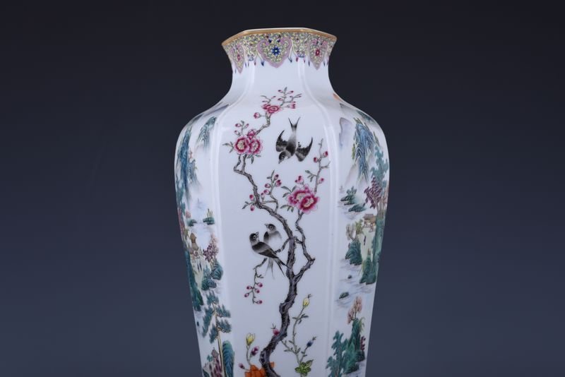 Qing Dynasty Qianlong pastel flower and bird landscape six-square vase