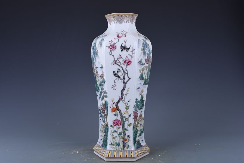 Qing Dynasty Qianlong pastel flower and bird landscape six-square vase