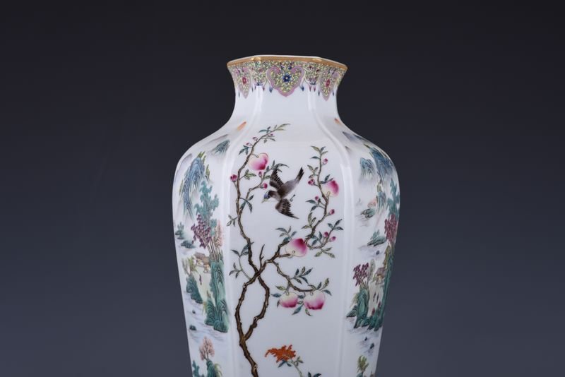 Qing Dynasty Qianlong pastel flower and bird landscape six-square vase