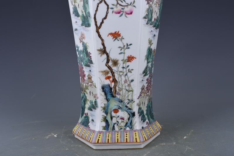 Qing Dynasty Qianlong pastel flower and bird landscape six-square vase