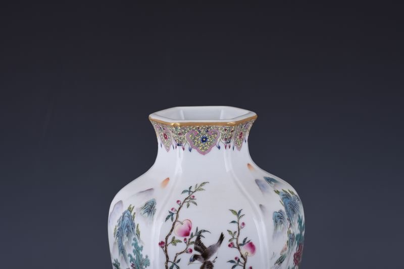 Qing Dynasty Qianlong pastel flower and bird landscape six-square vase
